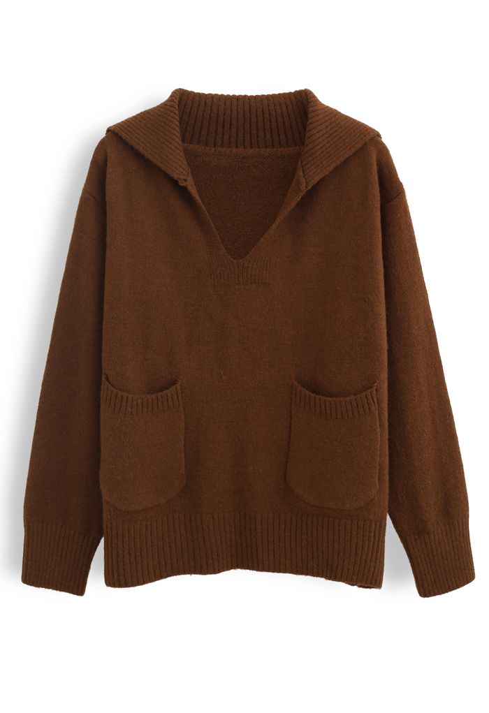 V-Neck Flap Collar Pocket Sweater in Brown