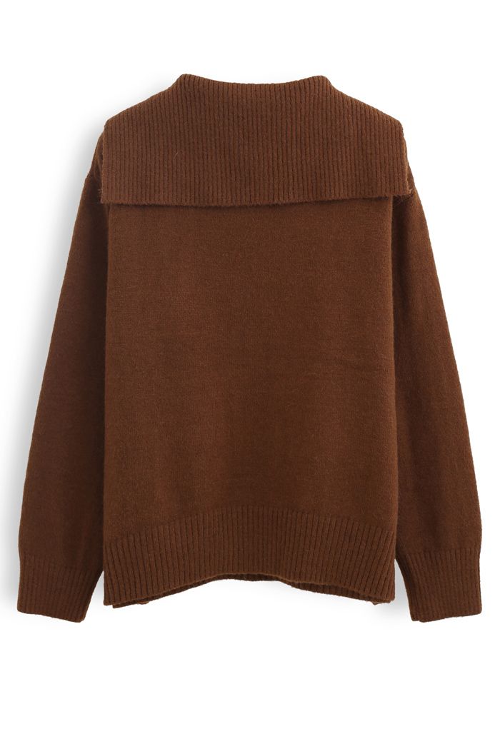 V-Neck Flap Collar Pocket Sweater in Brown