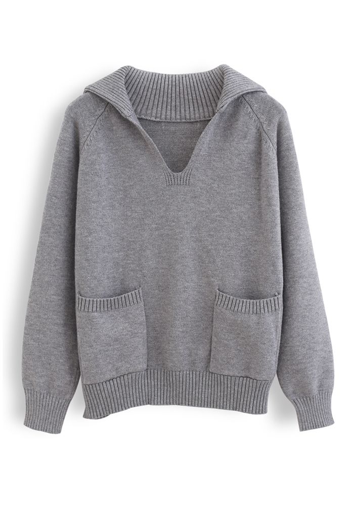 V-Neck Flap Collar Pocket Sweater in Grey