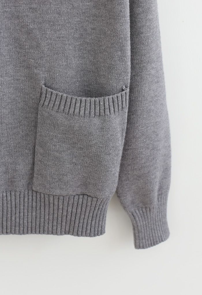 V-Neck Flap Collar Pocket Sweater in Grey
