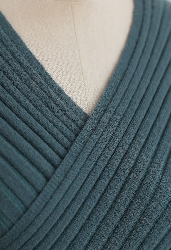 Crisscross Fitted Rib Knit Top in Teal - Retro, Indie and Unique Fashion