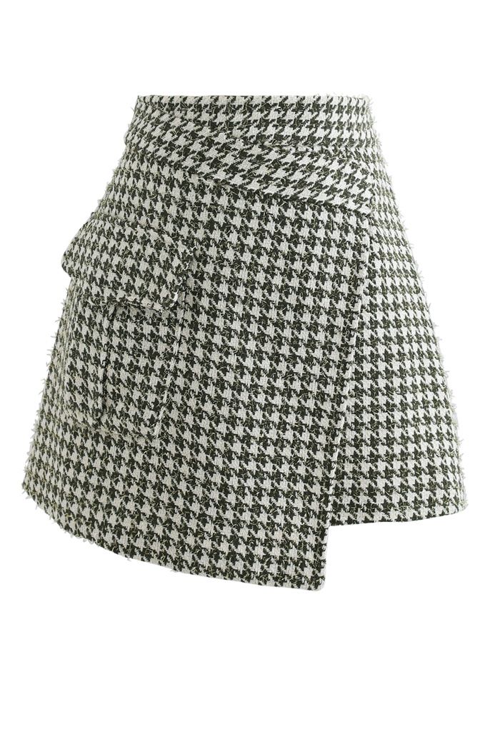 Houndstooth Tweed Asymmetric Mini Skirt in Green - Retro, Indie and ...