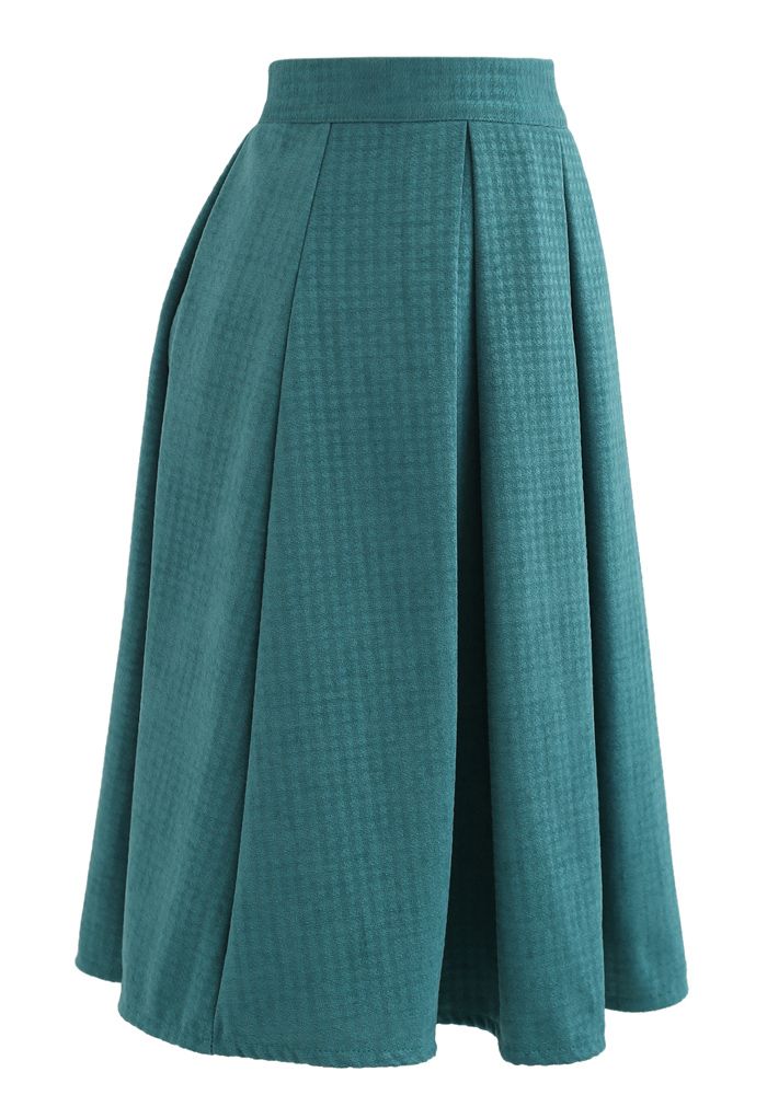 Box Pleated Houndstooth Midi Skirt in Teal - Retro, Indie and Unique ...
