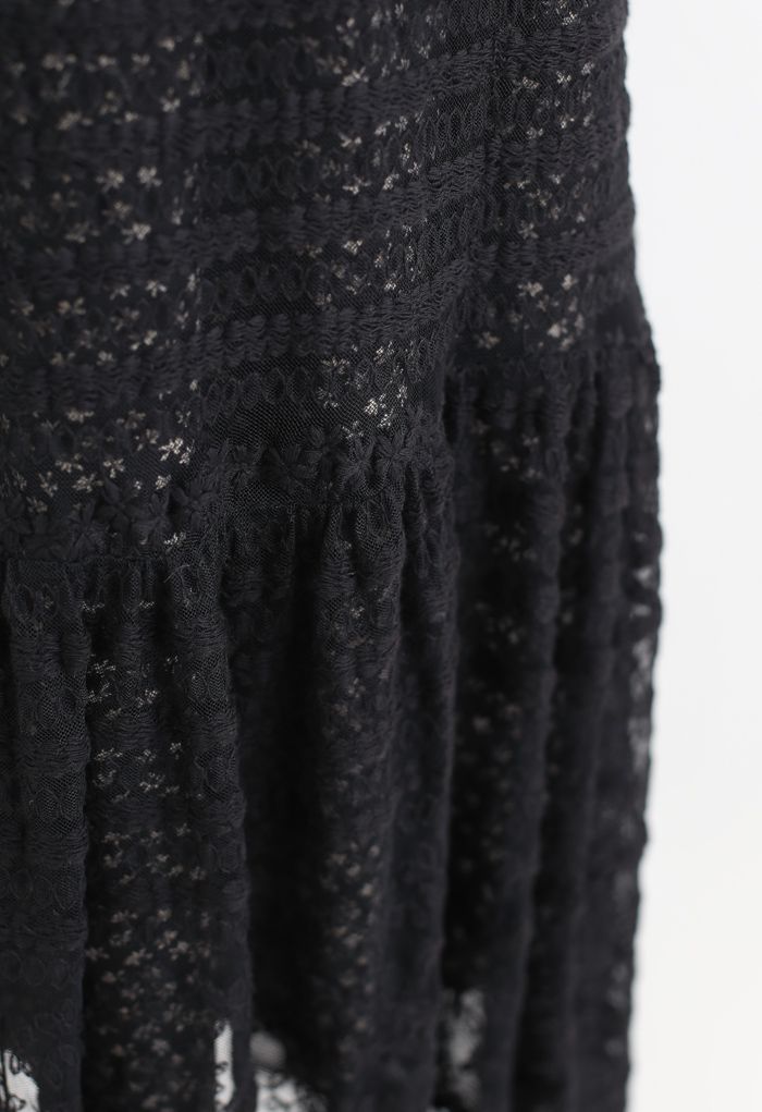 Floret Embroidered Lace Overlay Maxi Skirt in Black