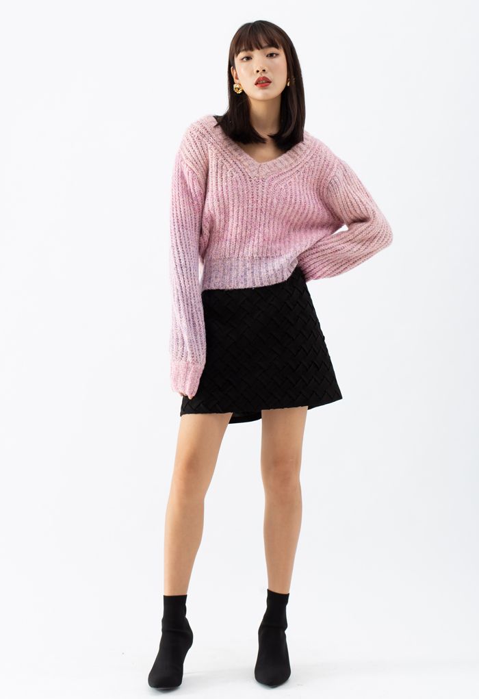 Ombre V-Neck Knit Sweater in Pink
