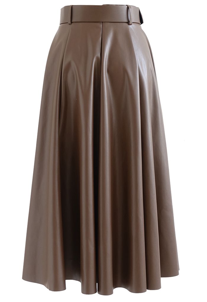 Belted Raw-Cut Hem Faux Leather Skirt in Brown - Retro, Indie and ...
