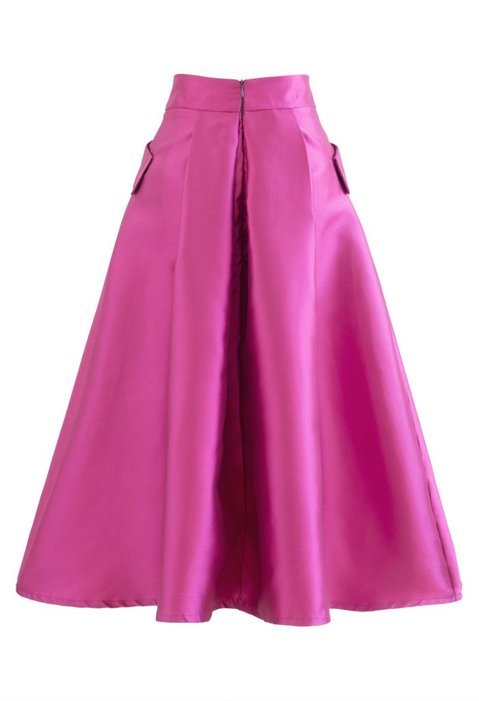 Exaggerated Pocket A-Line Pleated Skirt in Magenta