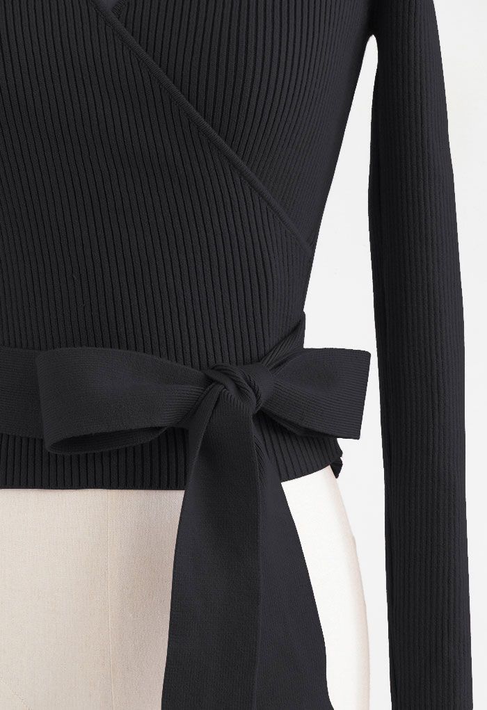 V-Neck Tie-Waist Wrap Knit Top in Black