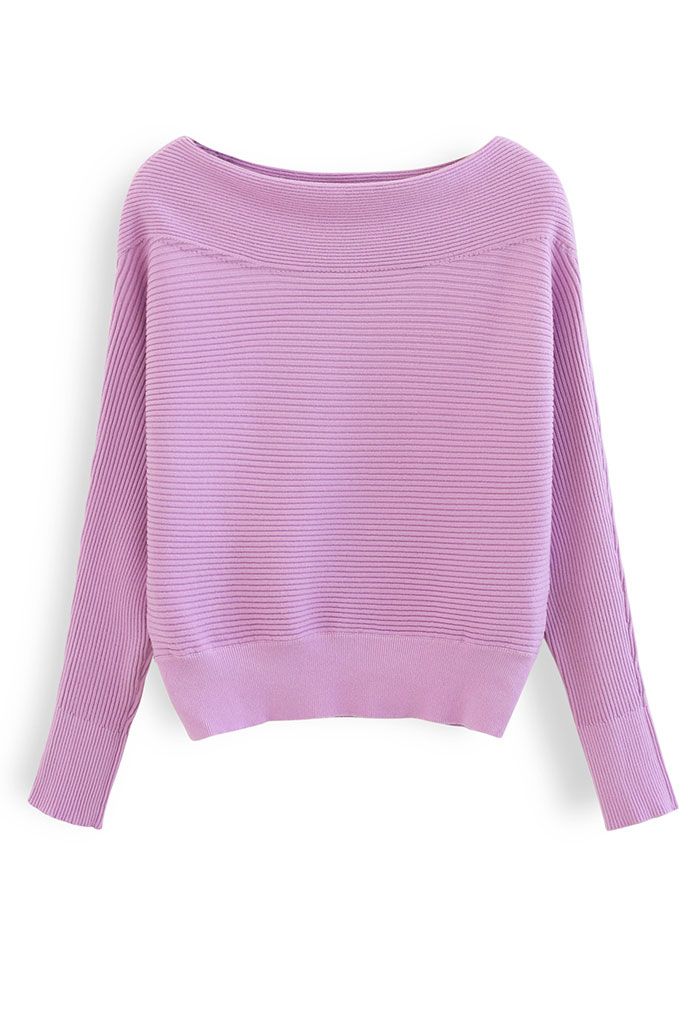 Boat Neck Long Sleeve Rib Knit Top in Lilac