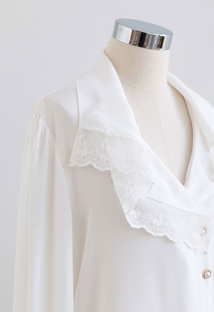 Lacy Collar Button Down Satin Shirt in White