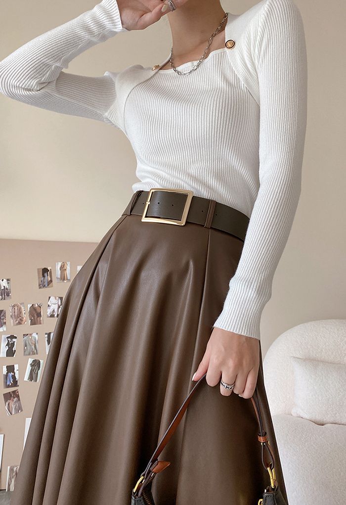 Belted Raw-Cut Hem Faux Leather Skirt in Brown
