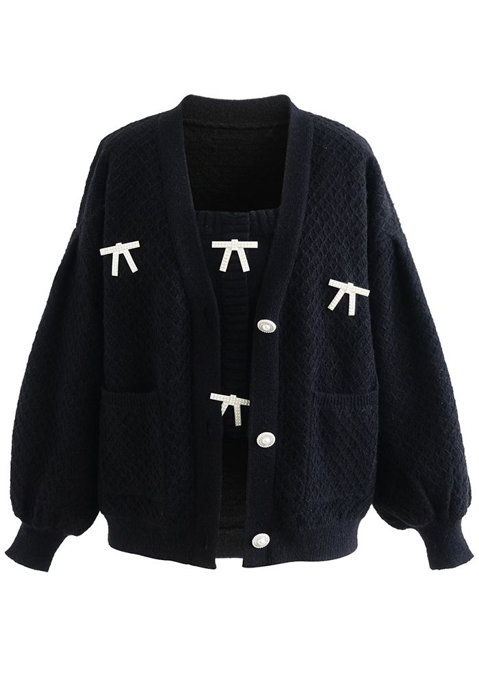 Bowknot Brooch Cami Top and Cardigan Set in Black
