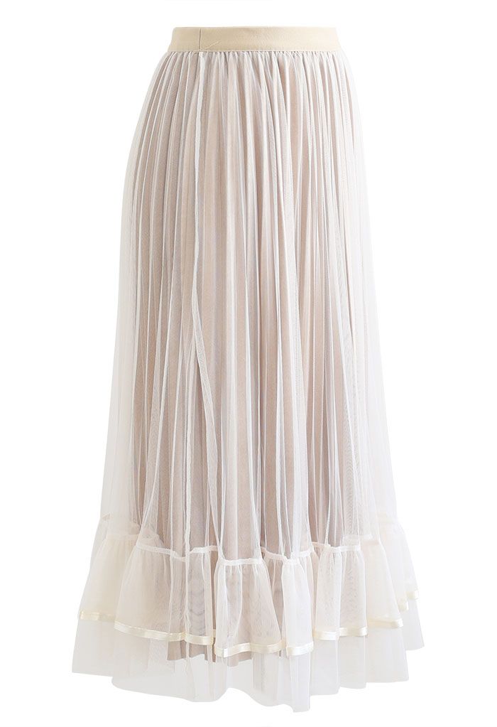 Tiered Ruffle Hem Mesh Velvet Skirt in Ivory