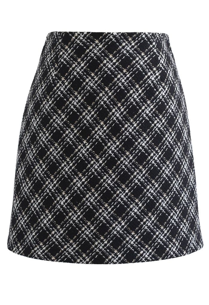 Plaid Pattern Tweed Mini Bud Skirt in Black - Retro, Indie and Unique ...