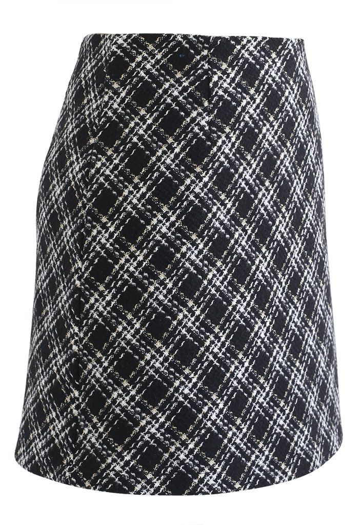 Plaid Pattern Tweed Mini Bud Skirt in Black