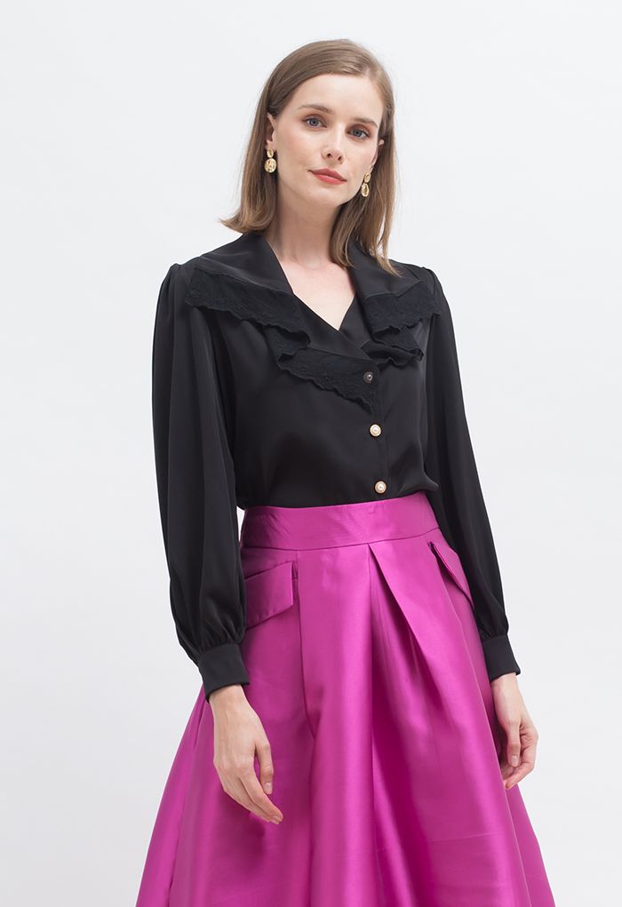 Lacy Collar Button Down Satin Shirt in Black - Retro, Indie and Unique ...