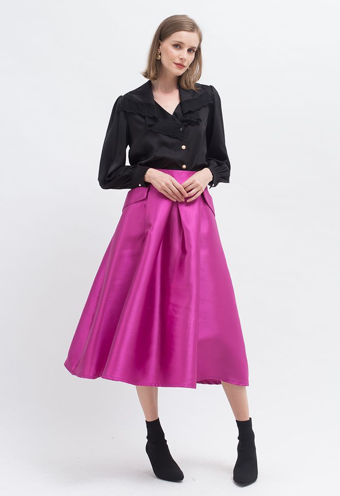 Exaggerated Pocket A-Line Pleated Skirt in Magenta