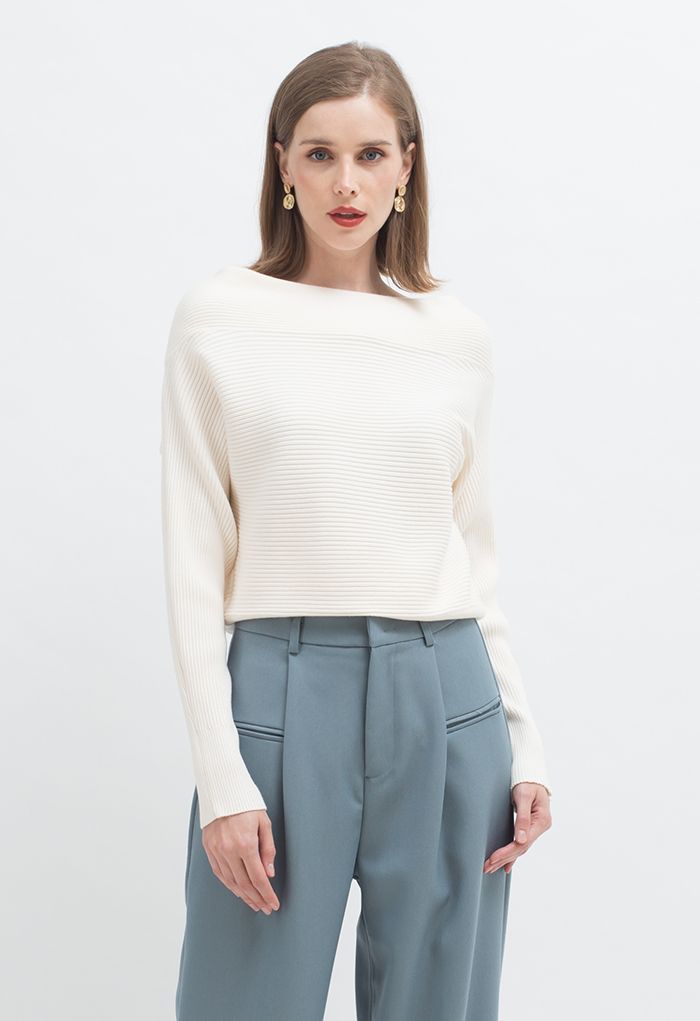 Boat Neck Long Sleeve Rib Knit Top in White