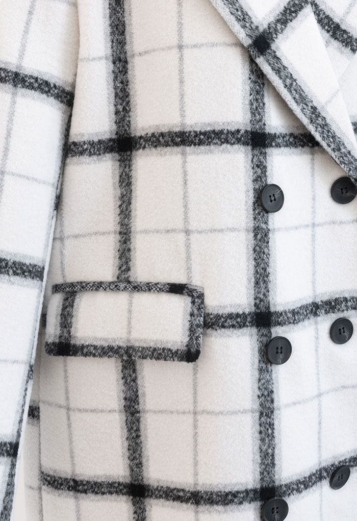 Double-Breasted Grid Print Longline Coat in White