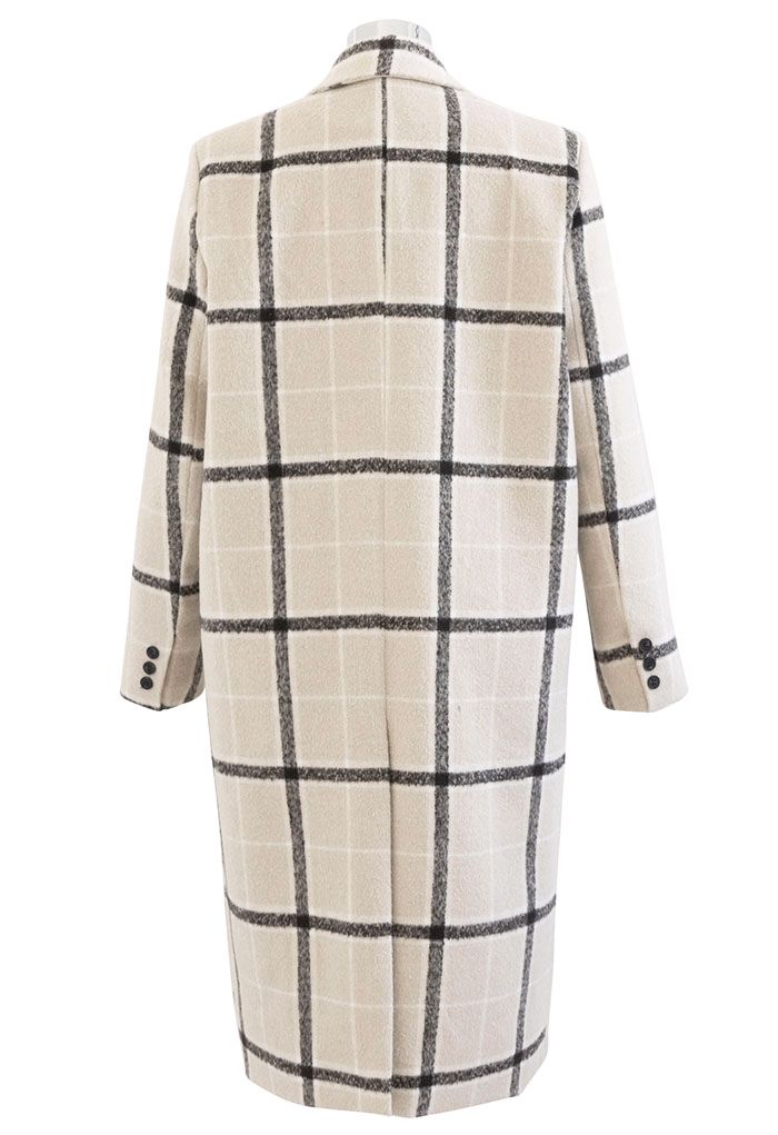 Double-Breasted Grid Print Longline Coat in Cream - Retro, Indie and ...