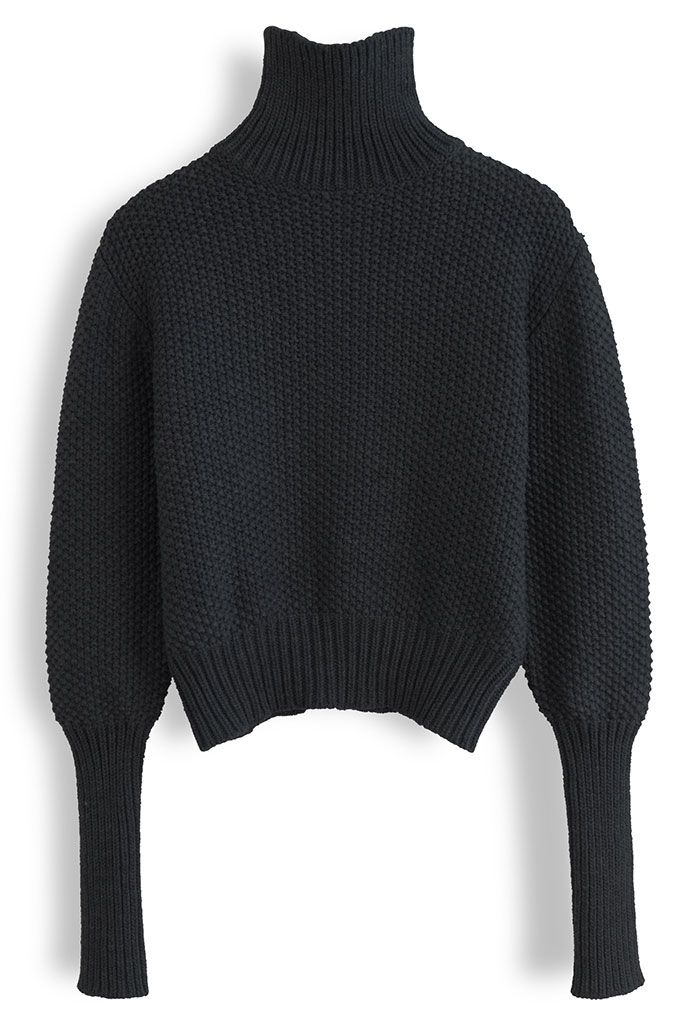 High Neck Waffle Knit Crop Sweater in Black - Retro, Indie and Unique ...