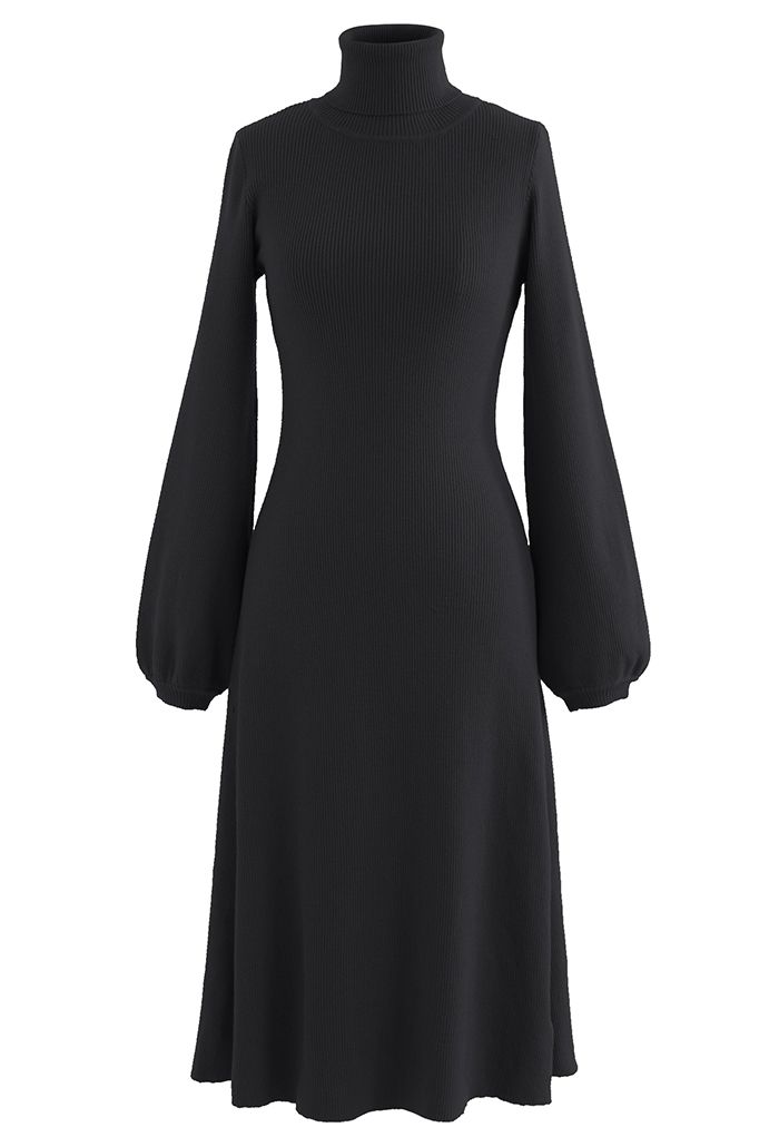 Turtleneck Fit-and-Flare Knit Midi Dress in Black - Retro, Indie