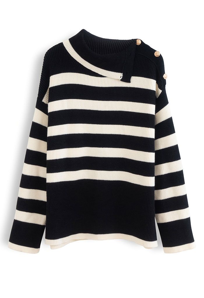Buttoned Neck Striped Oversize Sweater in Black