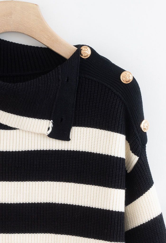 Buttoned Neck Striped Oversize Sweater in Black - Retro, Indie and ...