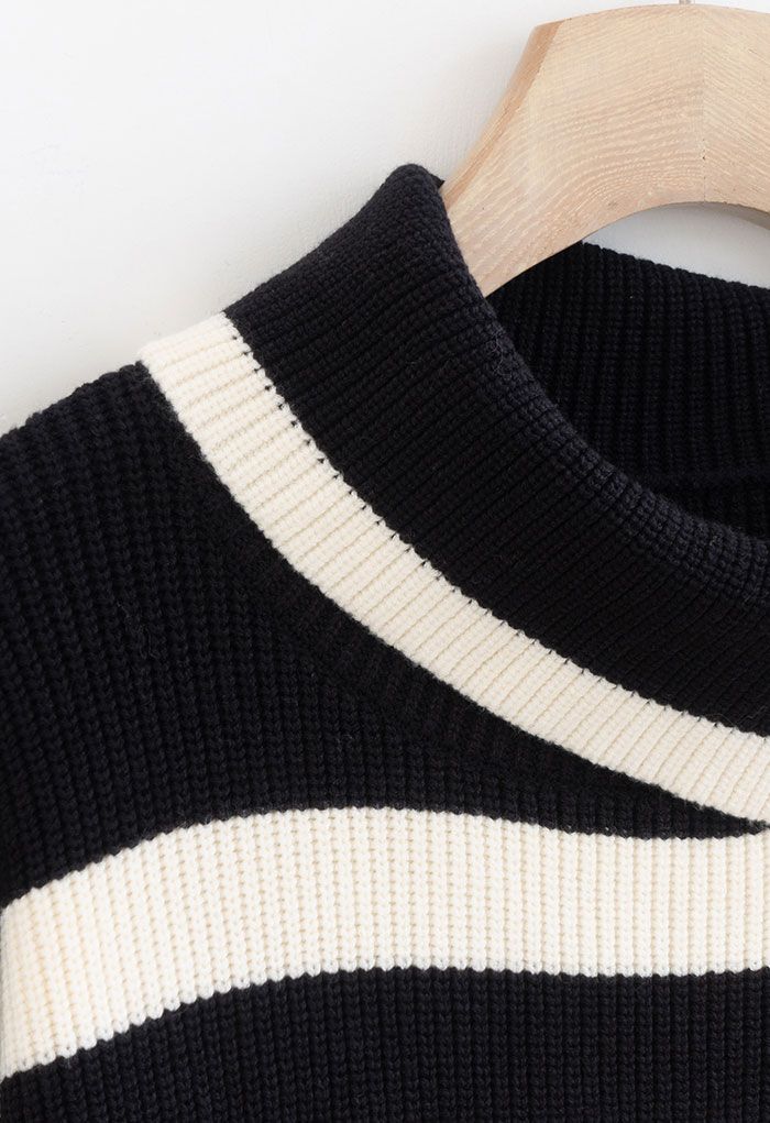 Buttoned Neck Striped Oversize Sweater in Black