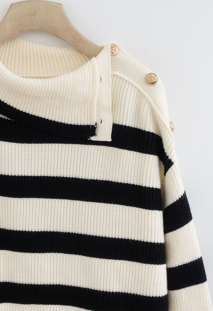 Buttoned Neck Striped Oversize Sweater in Cream