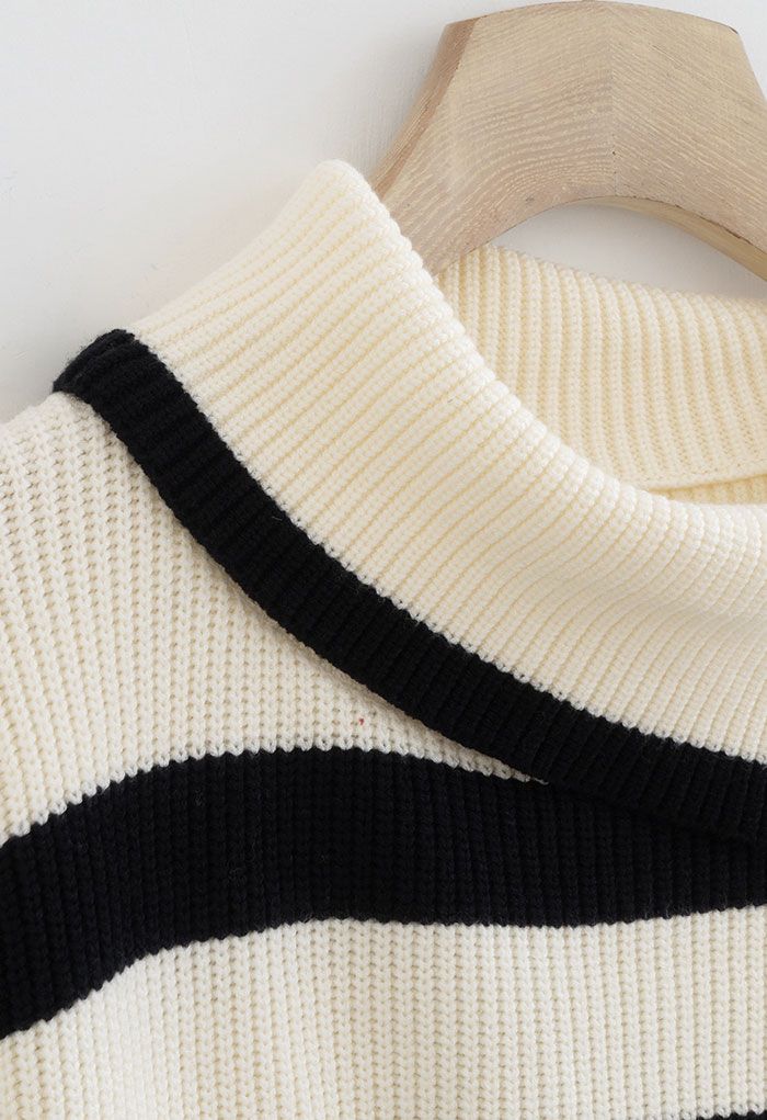 Buttoned Neck Striped Oversize Sweater in Cream