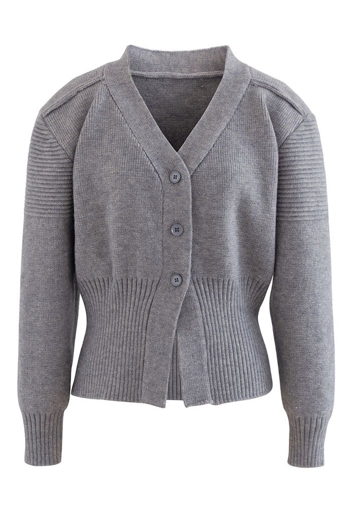 Puff Sleeve Buttoned Knit Cardigan in Grey