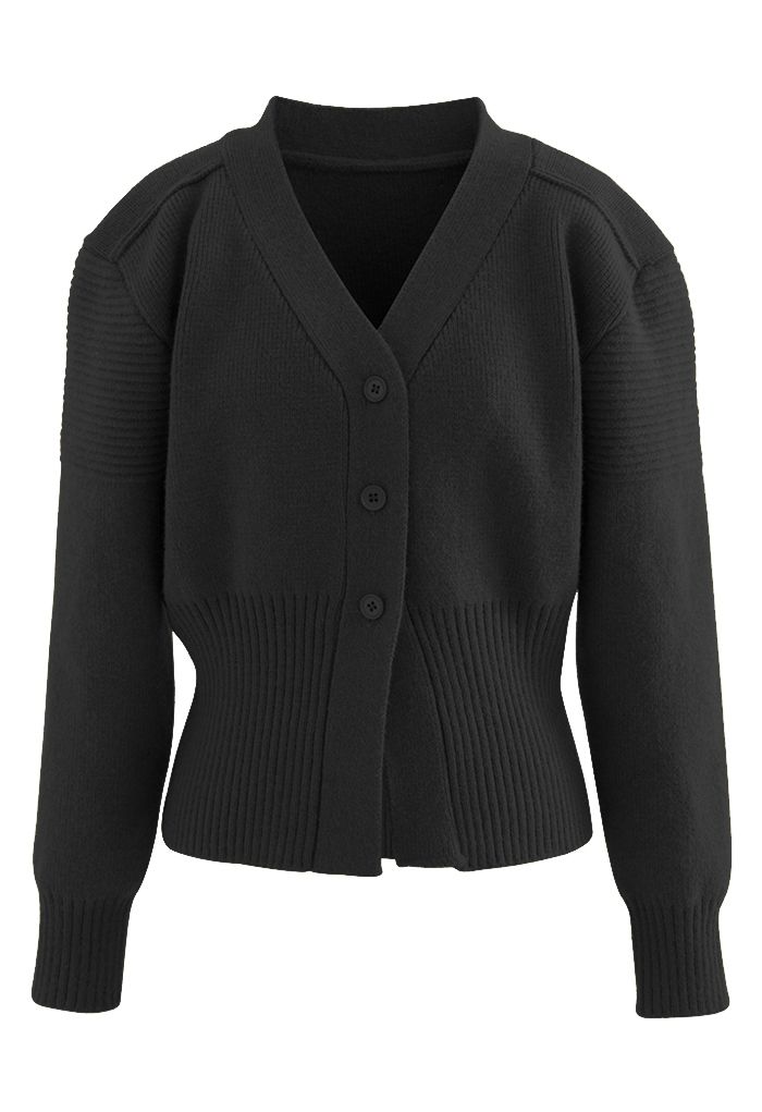 Puff Sleeve Buttoned Knit Cardigan in Black