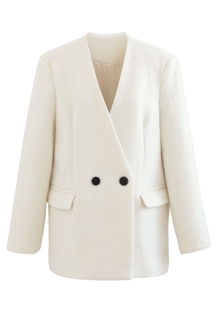 Pad Shoulder Buttoned Collarless Coat in White