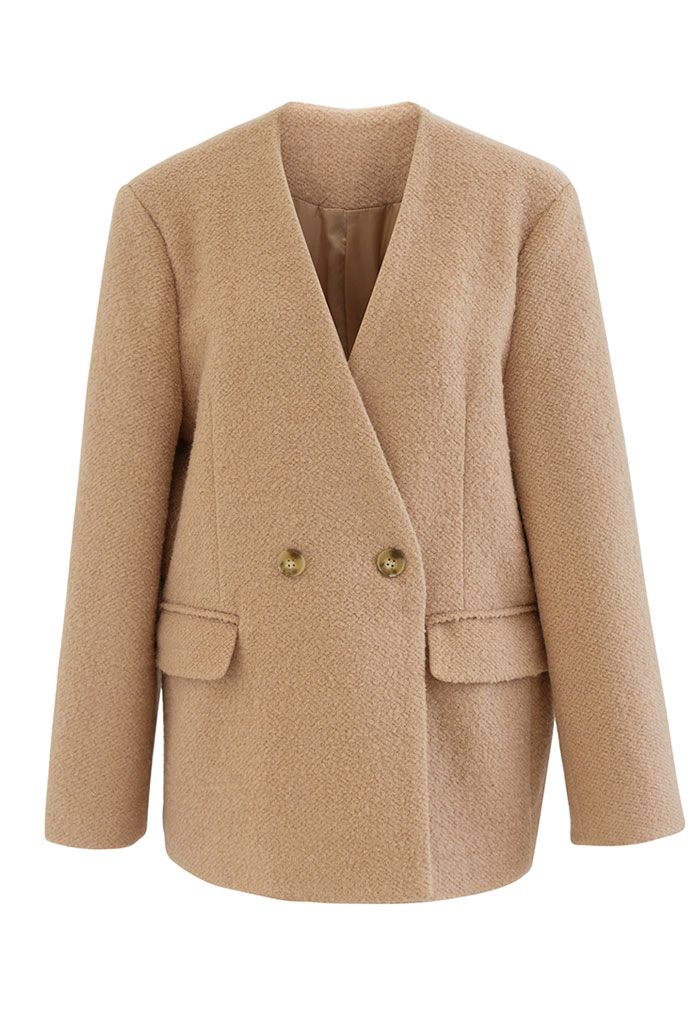 Pad Shoulder Buttoned Collarless Coat in Light Tan