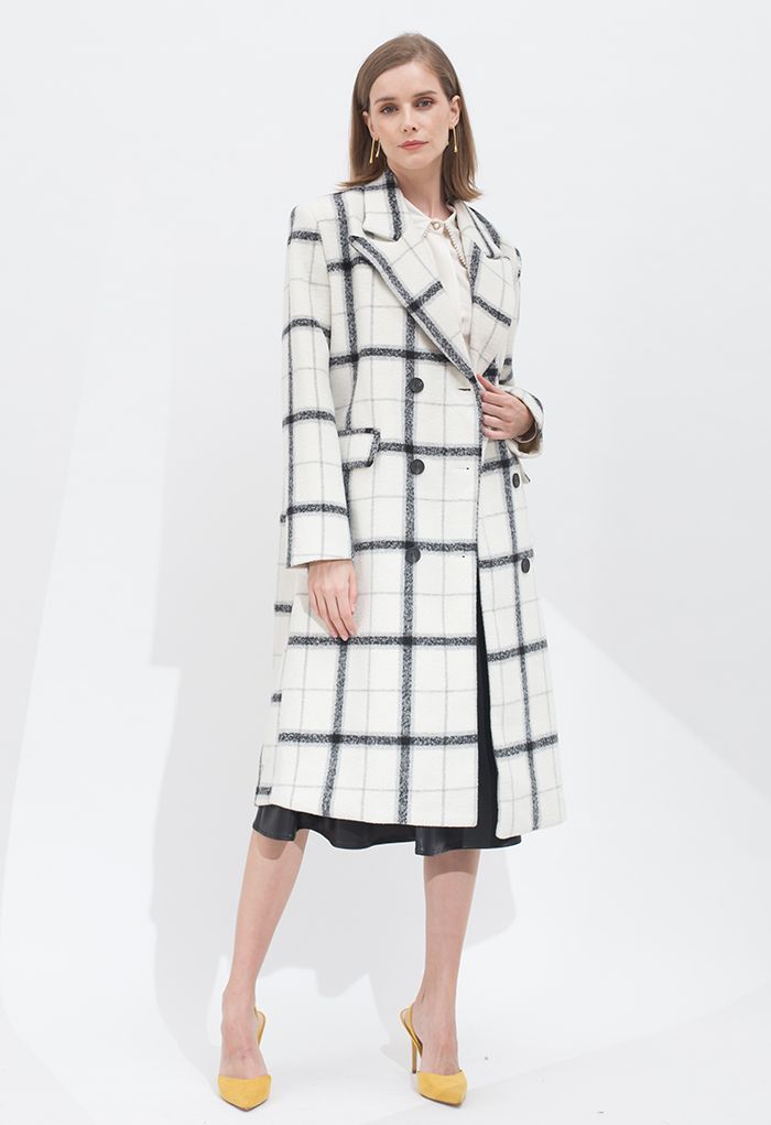 Double-Breasted Grid Print Longline Coat in White