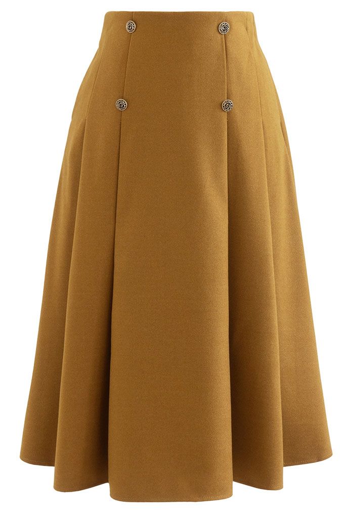 Rose Button High Waist Pleated Skirt in Ginger - Retro, Indie and ...