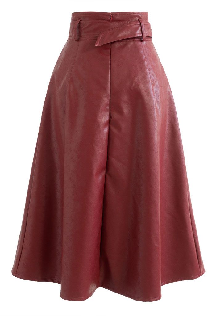 Textured Faux Leather Belted Pleated Skirt in Red - Retro, Indie and ...
