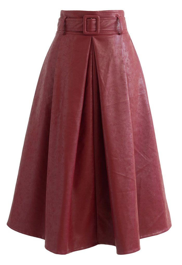 Textured Faux Leather Belted Pleated Skirt in Red - Retro, Indie and ...