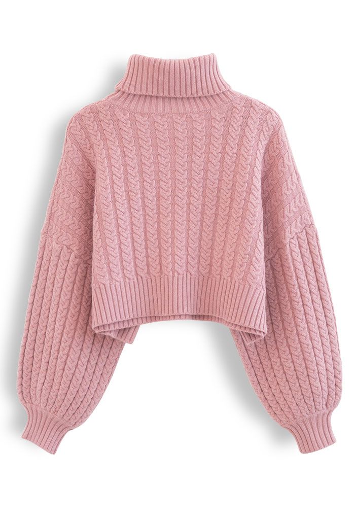 Turtleneck Cable Knit Cropped Sweater in Pink - Retro, Indie and Unique ...