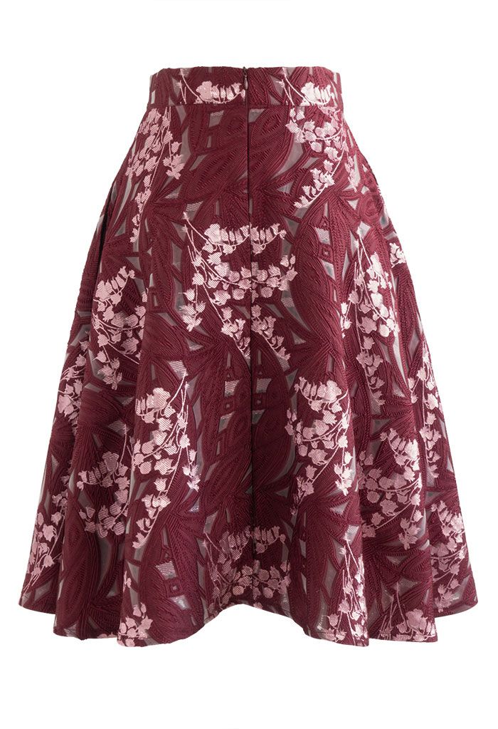 Harebell Embroidered Jacquard A-Line Midi Skirt in Red