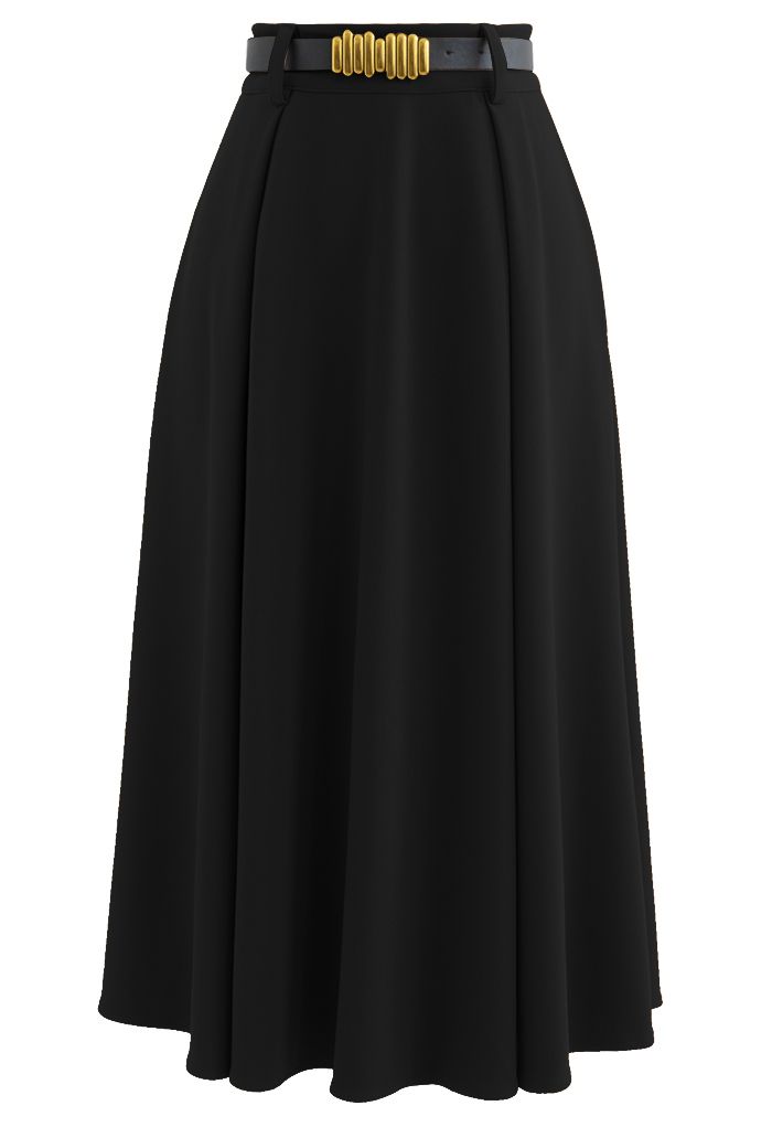 Versatile A-Line Belted Midi Skirt in Black