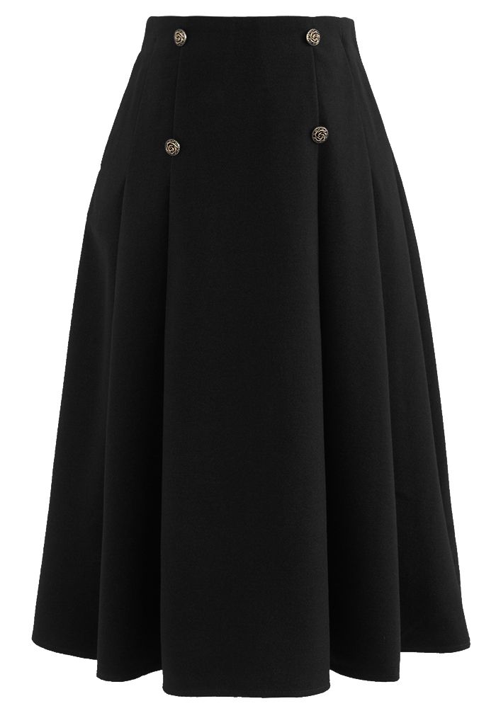 Rose Button High Waist Pleated Skirt in Black