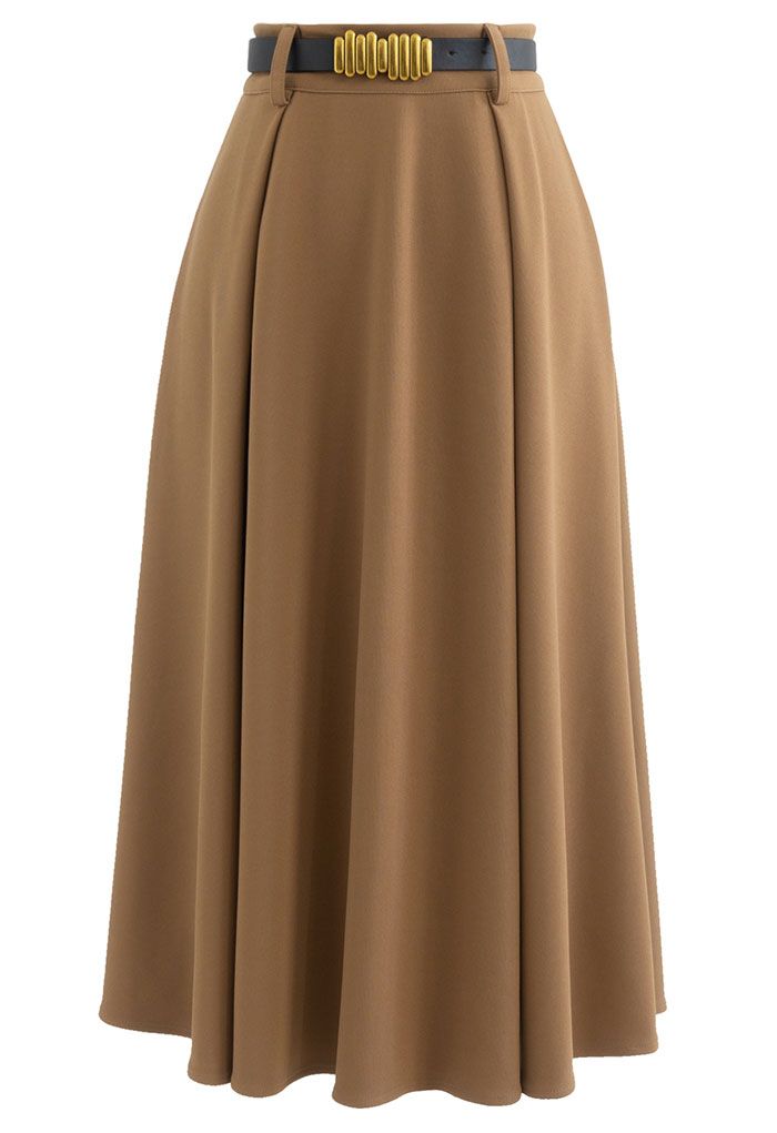 Versatile A-Line Belted Midi Skirt in Tan