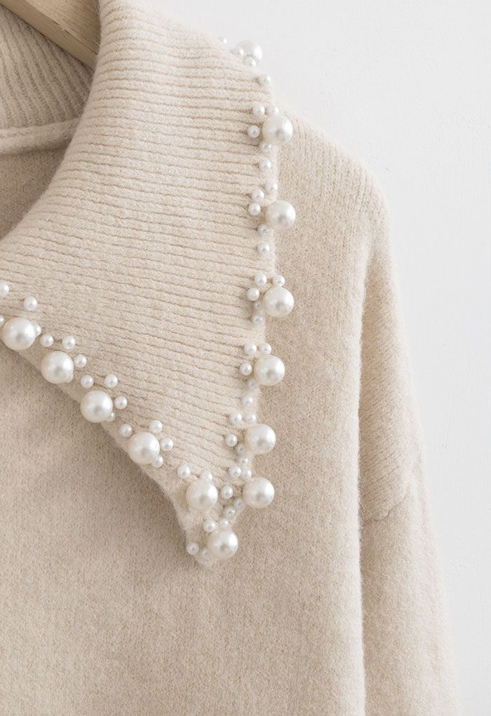 Pearl Trims Collar Soft Touch Knit Sweater in Linen