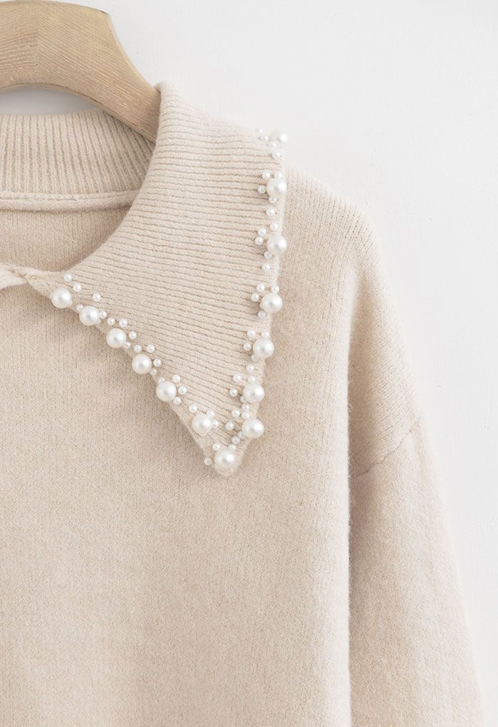 Pearl Trims Collar Soft Touch Knit Sweater in Linen
