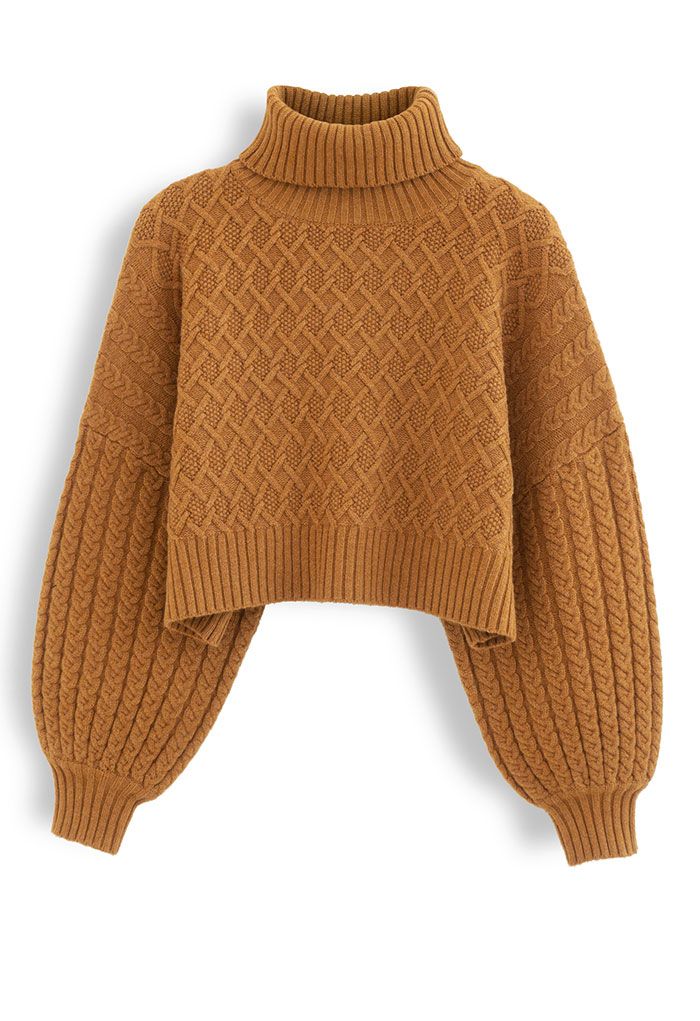 Turtleneck Cable Knit Cropped Sweater in Orange - Retro, Indie and ...