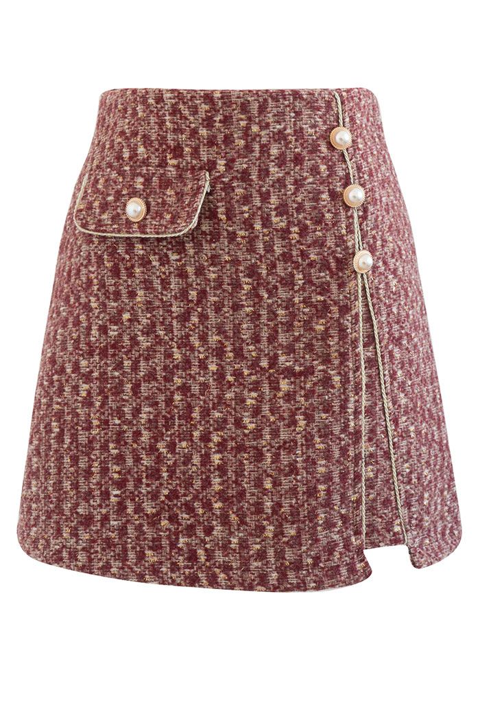 Golden Fringe Buttoned Tweed Mini Bud Skirt in Red - Retro, Indie and ...