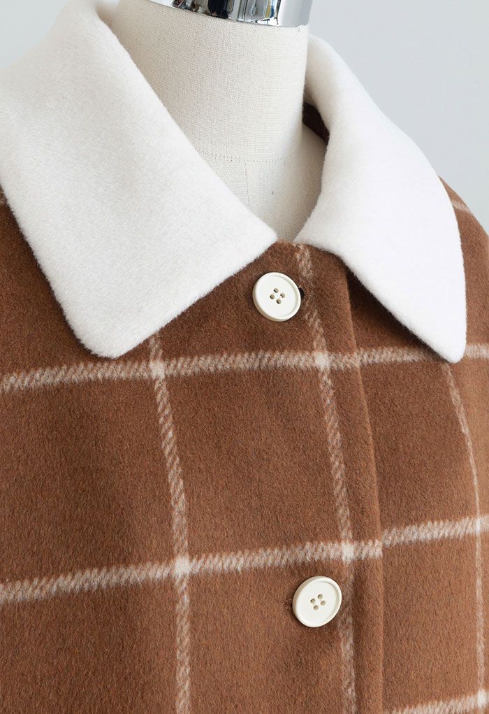 Grid Print Contrast Collar Longline Coat in Caramel