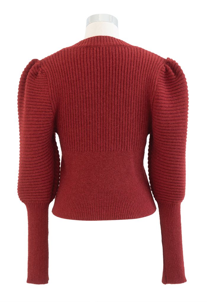 Square Neck Puff Sleeve Crop Knit Top in Red